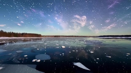 Poster - A serene and mystical atmosphere as the lake freezes over creating a mystical aura under the starry sky.
