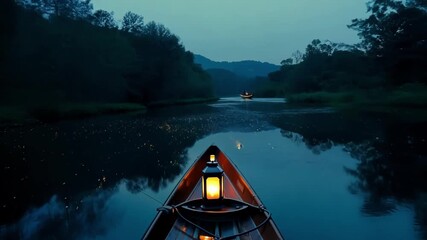 Poster - A lone canoe drifts lazily down the river guided by the gentle current and the soft glow of lanterns.