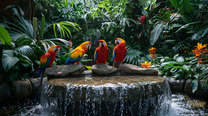 Wall Mural - A group of four parrots are sitting on a rock near a waterfall