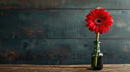 Wall Mural - Bright gerbera flower in vase on wooden table with space for text