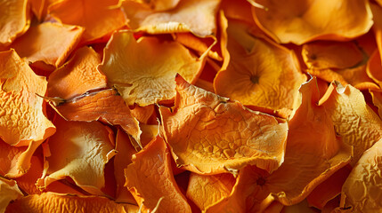 Poster - Background with dried orange peel It presents a textured and simple surface. Rich orange hues and natural textures emphasize a dry, rough appearance.