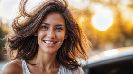 Wall Mural - portrait of a smiling woman outdoors created with Generative AI technology