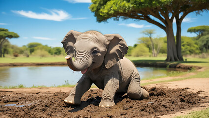 Playful Baby Elephant in the Mud