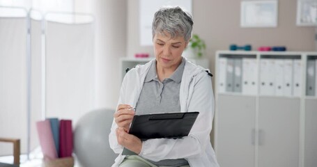 Canvas Print - Physiotherapist, mature woman and clipboard in clinic for rehabilitation progress report and writing medical notes. Physical therapy, person and checklist for reflexology results and recovery info