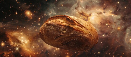 Poster - Bread floating in a cosmic setting surrounded by brilliant stars with a blank background for inserting images. Copy space image. Place for adding text and design