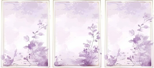 Wall Mural - Lavender mauve fluid painting card with golden frames and gold lines. Textured pastel violet liquid watercolor background. Modern illustration design template.