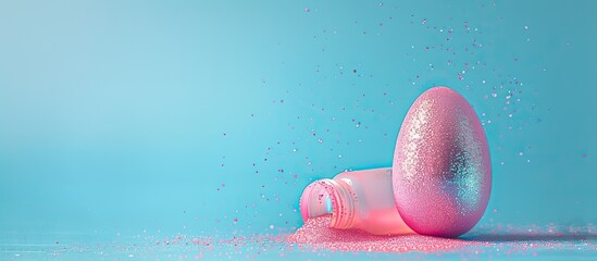 Sticker - Creative Easter concept with a trendy aesthetic featuring a shiny pink egg set against a blue background with an empty glitter powder bottle creating a vibrant copy space image