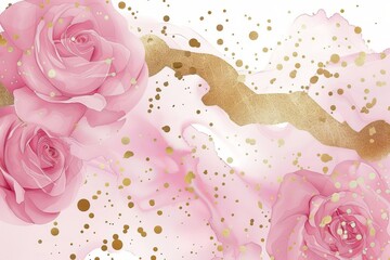 Wall Mural - A pink liquid watercolor background with golden dots and lines. An alcohol ink drawing of a pastel rose marble with gold foil on it. An illustration design for a wedding invitation template using a