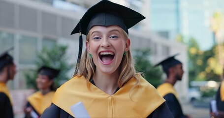 Wall Mural - Happy woman, graduation and certificate of student with degree, qualification or diploma at outdoor campus. Portrait of young female person or graduate smile in success for achievement in city