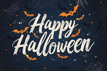 Wall Mural - Happy Halloween lettering. Handwritten calligraphy with spider web and bats for greeting cards, posters, banners, flyers and invitations. Happy Halloween text, holiday background