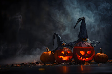 Sticker - Spooky orange pumpkins for Halloween stand in a row on a dark background. Jack O Lantern in a witch hat. Mystical fog creeps on the ground. Trick or treat.