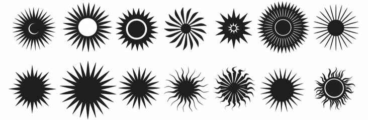 Poster - Modern illustration of sunburst stickers featuring brutalist starburst shapes for minimal Swiss design. Geometric postmodern primitive star figures.