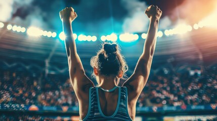 A young athlete celebrates a hard-fought victory in a vibrant sports stadium, arms raised high in triumph under bright stadium lights