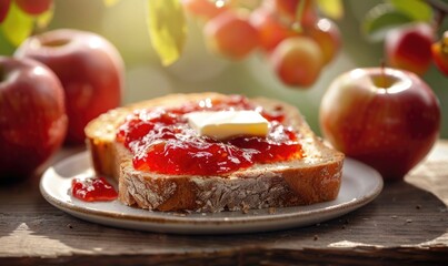 Wall Mural - Apple jam on a slice of bread with butter