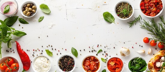 Wall Mural - Various pizza ingredients set against a white tile backdrop with copy space image.