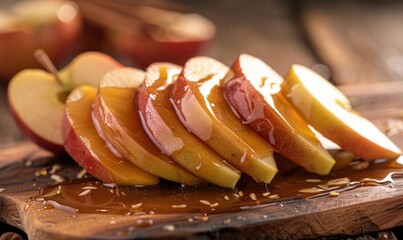 Wall Mural - Caramel apple slices on a wooden board