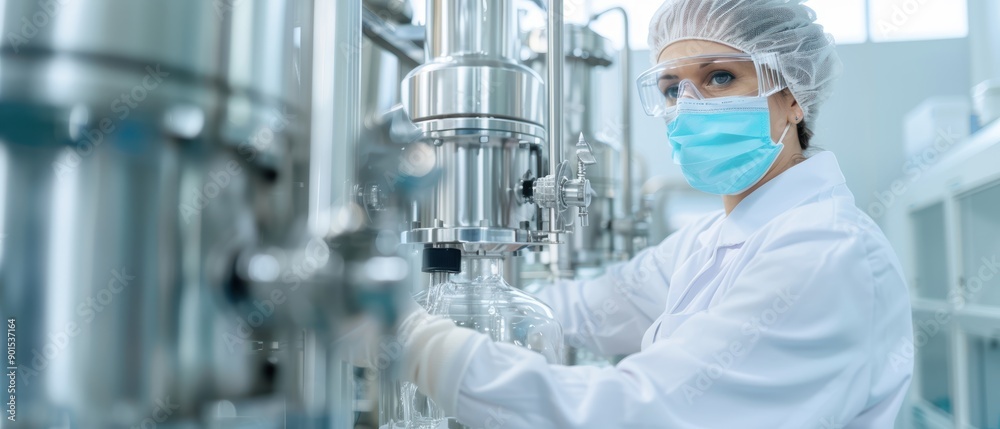 Close-up of a lab technician overseeing bioreactors in pharmaceutical ...