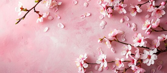 Wall Mural - Top view flat lay of cherry blossoms on a pink backdrop with a sakura branch, perfect for greeting cards or menus, featuring copy space image.