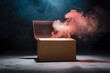 © john - opened mystery box with smoke float up on dark background