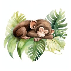 Sticker - Watercolor monkey sleeping animal wildlife cartoon.