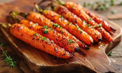 Poster - Close-up of roasted carrots on a wooden board