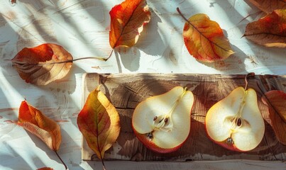 close-up view of fresh pear slices on a wooden board