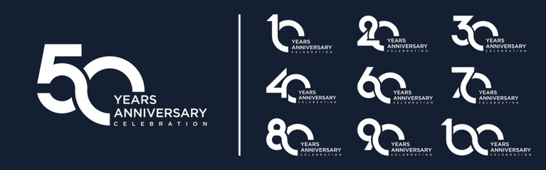 collection anniversary 10 to 100 year logo designs. abstract number for celebration event, wedding, greeting card, and invitation, vector illustration