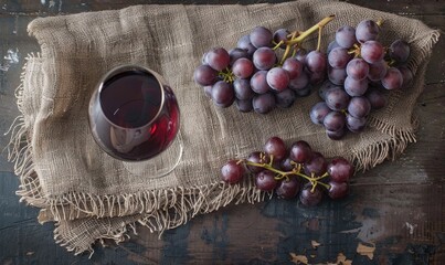 Wall Mural - Grapes on a rustic burlap cloth with a glass of red wine