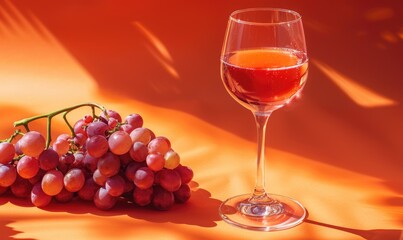 Wall Mural - Grapes on a vibrant orange background with a glass of rose wine