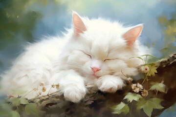 Canvas Print - Cute baby white cat sleeping animal mammal.