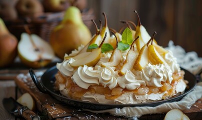 Wall Mural - Pear pavlova with whipped cream and fresh pear slices