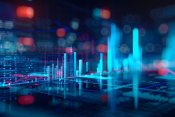 Poster - View of stock market expansion, business investment, and data analysis concept featuring digital financial charts, graphs, and indicators against a dark blue blurred background