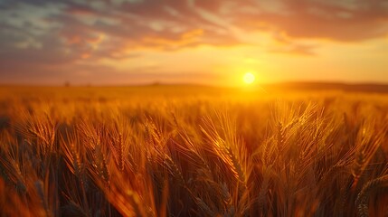 Wall Mural - golden wheat field at dusk, warm sunset light, soft focus, backlit wheat ears, rich amber tones, dra