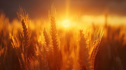 Wall Mural - golden wheat field at dusk, warm sunset light, soft focus, backlit wheat ears, rich amber tones, dra