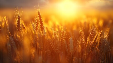 Wall Mural - golden wheat field at dusk, warm sunset light, soft focus, backlit wheat ears, rich amber tones, dra