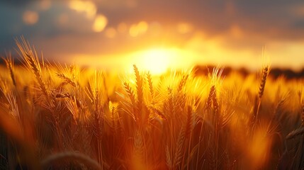 Wall Mural - golden wheat field at dusk, warm sunset light, soft focus, backlit wheat ears, rich amber tones, dra
