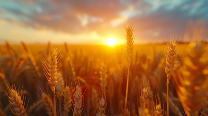 Wall Mural - golden wheat field at dusk, warm sunset light, soft focus, backlit wheat ears, rich amber tones, dra
