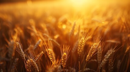 Wall Mural - golden wheat field at dusk, warm sunset light, soft focus, backlit wheat ears, rich amber tones, dra