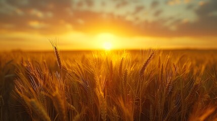 Wall Mural - golden wheat field at dusk, warm sunset light, soft focus, backlit wheat ears, rich amber tones, dra