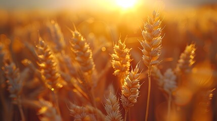 Wall Mural - golden wheat field at dusk, warm sunset light, soft focus, backlit wheat ears, rich amber tones, dra