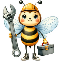 Wall Mural - watercolor bee in engineer uniform with tools