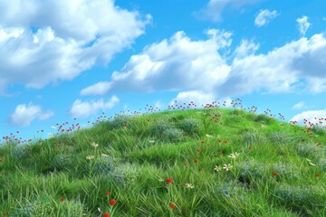 Wall Mural - Green hill of grass with small red and white flower sky countryside vegetation.