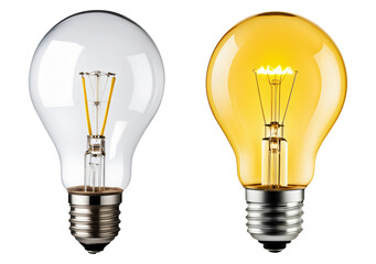 yellow light bulb in switch off and switch on state isolated on a transparent background, innovation