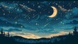 © Aliaksandra - fantasy night sky, fantasy doodle with shooting stars, crescent moon, and magical elements in the dreamy night sky, creating a whimsical illustration