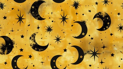 a pattern of black stars and crescents