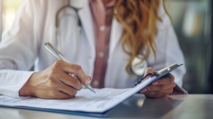 Wall Mural - In hospital meeting, hands, contract, or doctor consult patient on healthcare record. Closeup, peperwork, or nurse discussing test findings or medical advise.