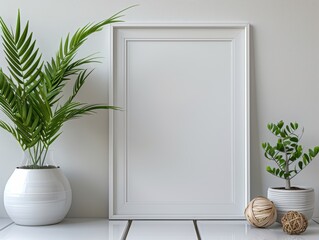 Sticker - a white frame with a plant in a pot next to a white wall