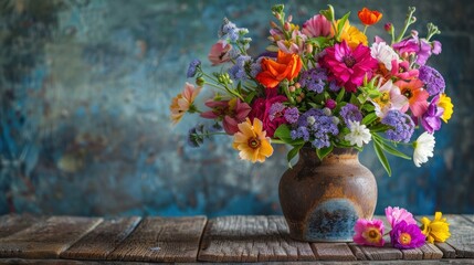 Colorful Bouquet of Flowers in a Vase on a Rustic Wooden Table