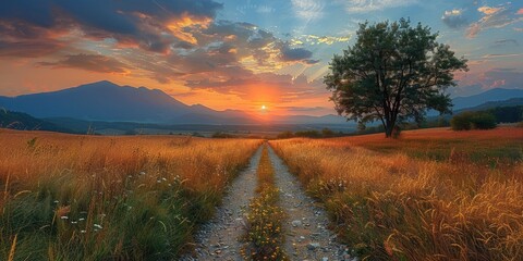 Canvas Print - Sunset over Mountainous Landscape with a Winding Path