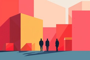Wall Mural - three silhouettes contemplating in a vibrant neobrutalist cityscape